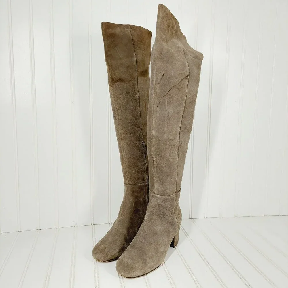Halogen Over the Knee Taupe Tan Suede Leather Elastic Heeled Tall Boots B156